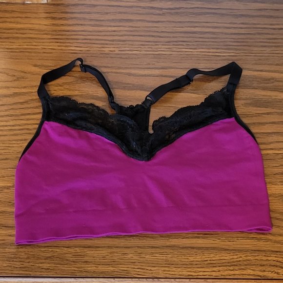 Maidenform Fuchsia Wireless V-Neck Racerback Lace Bralette. Sz: L - Picture 4 of 8